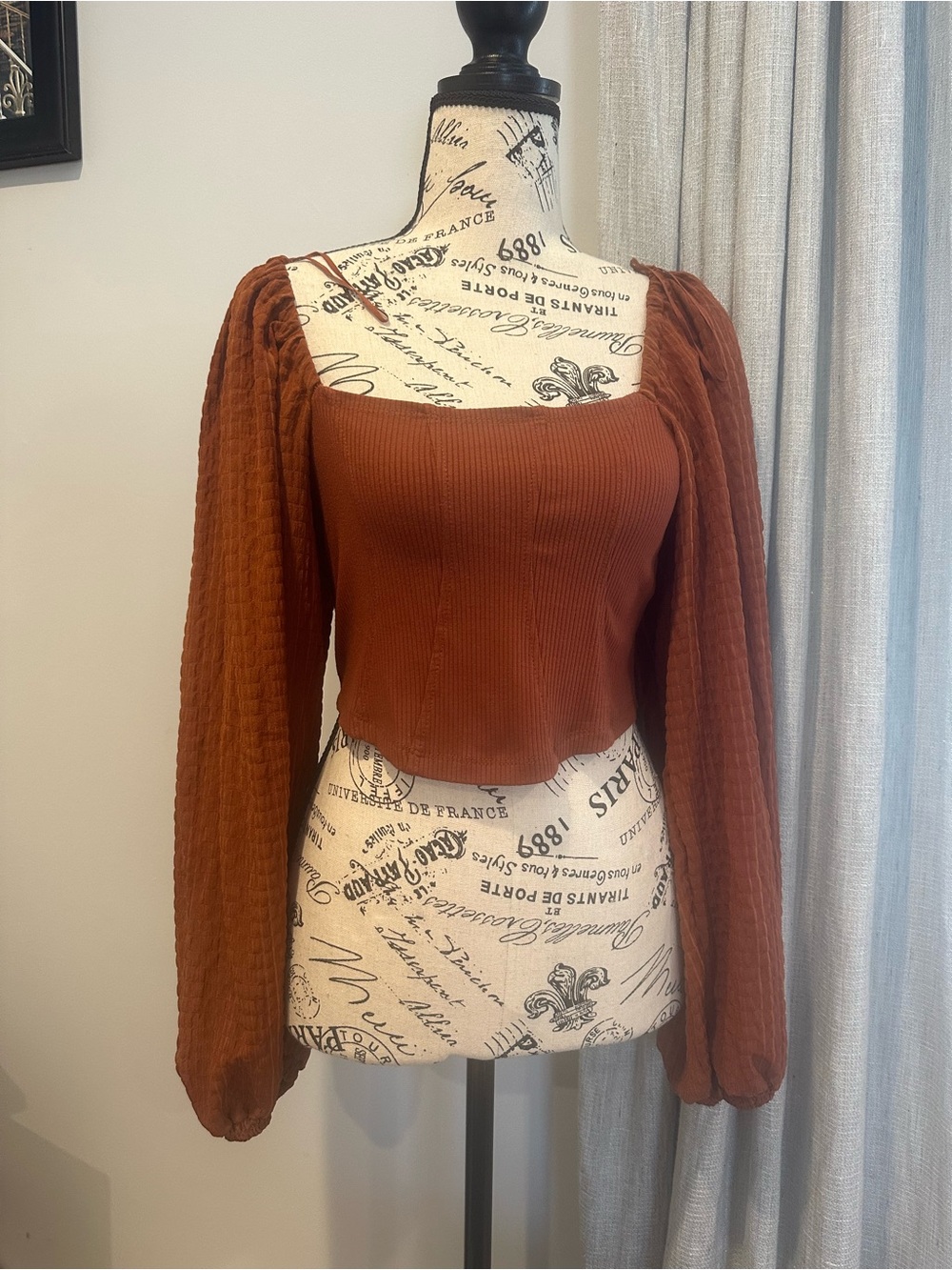 Urban Outfitters Rust Square-Neck Long Sleeve Ribbed Top